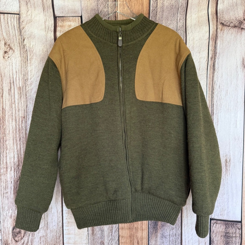 Orvis Wool Zip Sweater Jacket Olive Tan Cabin Rustic Outdoors Heritage Large